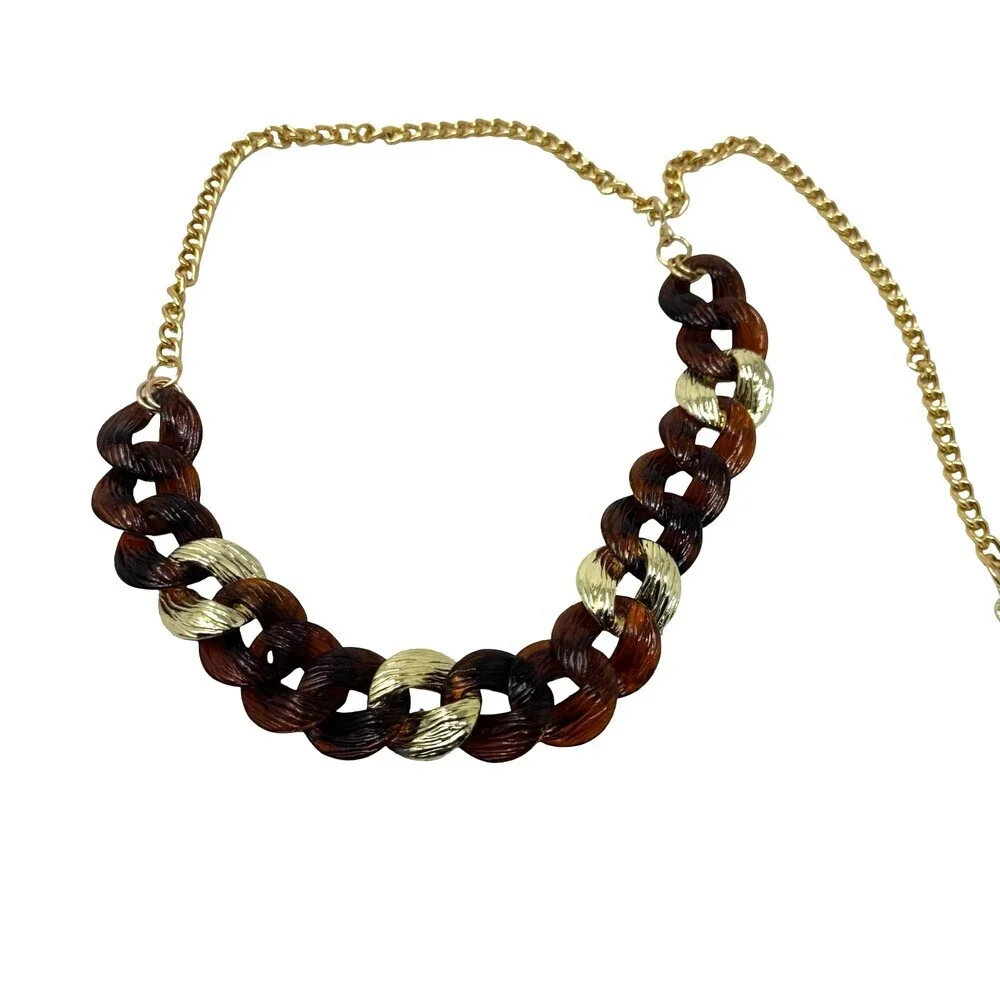 Vintage 80s 90s Tortoise Shell Chunky Link Chain Belt Gold Heart Charm 40